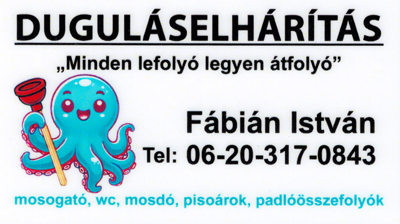 névjegykártya, Fábián István, duguláselhárítás Inárcs, duguláselhárítás Pest vármegye